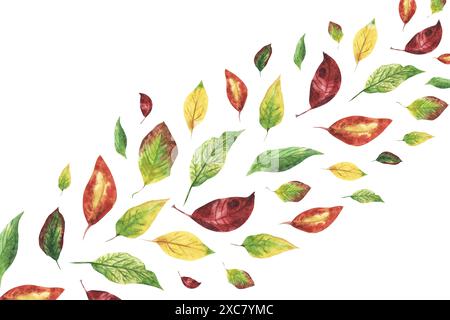 Dekorativer Hintergrund. Orangefarbene, rote, gelbe, grüne Blätter. Diagonale Zusammensetzung. Abstrakt. Handgezeichnete Abbildung. Isoliert auf weiß. Hintergrundbild. Für Stockfoto