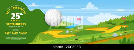 Fliegender Golfball auf grünem Golfplatzhintergrund. Designvorlage für Banner, Poster, Flyer. Frühlings- oder Sommerhügellandschaft mit Fahnen auf dem Rasen. Vektor f Stock Vektor