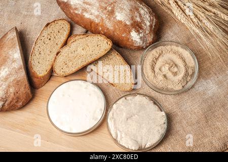 Sauerteig, Trockenhefe und Sauerteig in Petrischalen und in Stücke geschnittenes dunkles Brot und ein ganzer Brotlaib auf Leinwand. Hochwertige Fotos Stockfoto