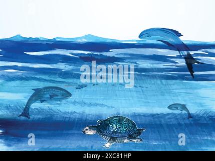 Weltmeertag mit Unterwasseraquarell Hintergrund Stock Vektor