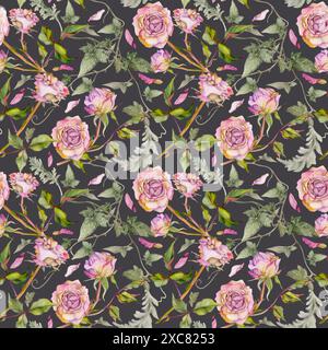 Handgezeichnete Aquarellillustration schäbige Boho botanische Blumen Blätter. Staubige rosa Teerose, Efeuranken, silberne Cineraria. Nahtloses Muster Stockfoto