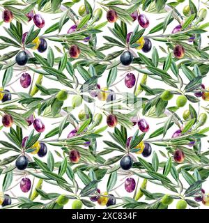 Aquarell Ölzweig Muster mit nahtlosen grünen und schwarzen Blättern Botanische Illustrationskunst Stockfoto