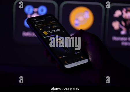 KIEW, UKRAINE - 20. APRIL 2024 Hamster Kombat Telegrammbot auf Smartphone-Bildschirm. Hamster Kombat ist ein virales Telegram-basiertes Krypto-Spiel, mit dem Sie HMSTR-Token verdienen können, indem Sie einen virtuellen Krypto-Austausch verwalten Stockfoto