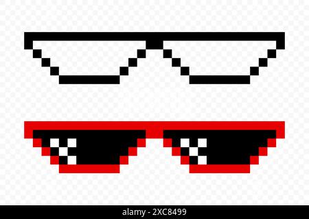 Gepixeltes Sonnenbrillen-Set. Pixel Boss Brille, 8-Bit-Stil. Meme Game 8-Bit Sonnenbrillen Design Template, isoliert Stock Vektor