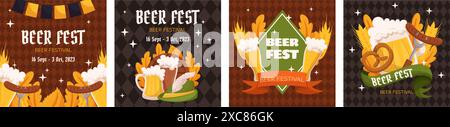 Bierfestival Square Social Media Post Collection Vorlage. Design mit Glas Bier, Weizen und Blättern, Bannerband und anderen festlichen Objekten auf da Stock Vektor