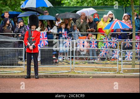 London Großbritannien. Diese beeindruckende Pracht findet an einem Samstag im Juni statt, der von den persönlichen Truppen seiner Majestät der Household Division on Horse Guards Parade durchgeführt wird. Über 1.400 Offiziere und Soldaten bilden die Parade zusammen mit 200 Pferden; über 400 Musiker aus zehn Bands und Trommelkorps marschieren und spielen im Einklang. Quelle: Mary-Lu Bakker/Alamy Live News Stockfoto