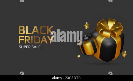Black Friday Superangebot. Promo-Hintergrund mit realistischen 3D-Comic-Elementen, schwarzem Megaphon und Prozentsymbolen. Werbebanner, Webposter Stock Vektor