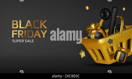 Black Friday Superangebot. Promo-Hintergrund mit realistischen 3D-Comic-Elementen, schwarzem Megaphon und Prozentsymbolen. Werbebanner, Webposter Stock Vektor