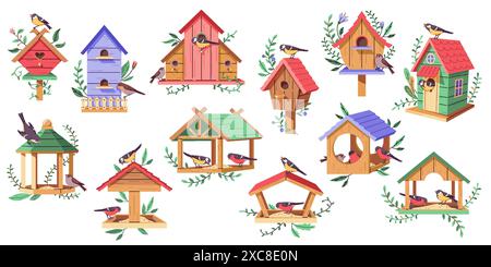 Vogelhäuser und Vogelfütterung mit 2D-Zeichentrickobjekten. Nettes Kunsthandwerk Häuser für Vögel flache Linie Vektorelemente weißer Hintergrund Stock Vektor