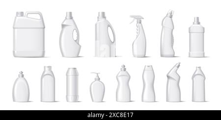 Modellflaschen von Waschmittelprodukten realistische Vektor-Illustration Set. Leere Behälter mit Reinigungsmitteln 3D-Objekten auf weißem Hintergrund Stock Vektor