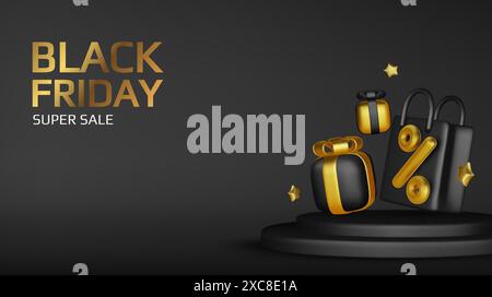 Black Friday Superangebot. Promo-Hintergrund mit realistischen 3D-Comic-Elementen, schwarzem Megaphon und Prozentsymbolen. Werbebanner, Webposter Stock Vektor