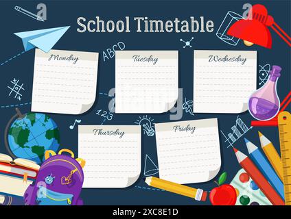Plakatvorlage für den Schulplanplan mit Stickernotizen für Fächer. Wochenplaner oder Tageszeitplan der Woche. Terminplaner dekoriert mit Stock Vektor