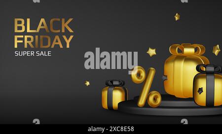Black Friday Superangebot. Promo-Hintergrund mit realistischen 3D-Comic-Elementen, schwarzem Megaphon und Prozentsymbolen. Werbebanner, Webposter Stock Vektor