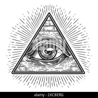 Alle sehen Auge in der dreieckigen Pyramide mit Lichtstrahlen. Skizzenvektorillustration im Vintage Gravurstil Stock Vektor