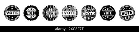 Set mit ABSTIMMUNGSEMBLEMEN in kreisförmigen Abzeichen. Grafische Symbole, die Demokratie, Wahlen, Bürgerpflicht und politisches Engagement symbolisieren. Geeignet für Badg Stock Vektor