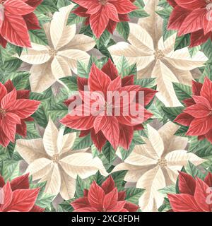 Weihnachtsstern rote und weiße Blüten mit Blättern. Nahtloses Weihnachtsmuster im Vintage-Stil. Handgezeichnete Aquarellillustration traditionelle Pflanzen für den Winter Stockfoto
