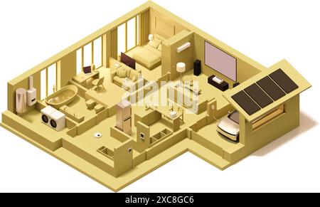 Abbildung des isometrischen Vektorquerschnitts. Moderner Smart Home Plan. Moderne Technologien. Solarpaneele, Elektronik, Smart-Home-Geräte Stock Vektor