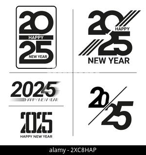 Set mit Designvorlagen für das neue Jahr 2025. 2025 Jahre Stempeldesign in Schwarz gegen weiß. Vektor minimalistisches Design zu Neujahrsfeiertagen. Stock Vektor