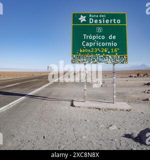 San Pedro de Atacama, Chile - 30. November 2023: Tropic of Capricorn Schild entlang einer Autobahn in der Atacama-Wüste Stockfoto