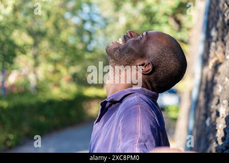Ein glücklicher junger Afroamerikaner lacht und blickt auf, genießt einen ungezwungenen Moment in der Natur - fröhliche und entspannte Atmosphäre - grün und na Stockfoto