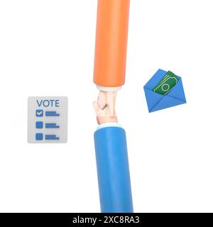 Zeichentrickgestensymbol Mockup.3D Hand, die Stimmzettel in den Wahlzettel legt. Wahlen, Abstimmung, Wahlgang, Bürgerbeteiligung an der Abstimmung Konzept.3D r Stockfoto