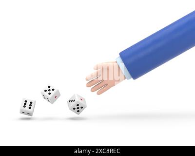 Der Mann wirft Würfel. Vorlage für Glücksspiele. Würfelwürfel werfen. Rote Würfel auf dem Tisch. Mann eifriger Mensch. Spielerkonzept. Wiedergabe in Hand.3D-Rendering auf weiß Stockfoto