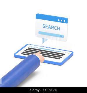 Mockup Des Symbols Für Zeichentrickgesten. Flache 3D-Isometrie Geschäftsmann Hand Verwenden Sie Tablet, um Suchbegriffe in der Suchmaschine zu suchen. Keyword Research und seo Concept.3D r Stockfoto