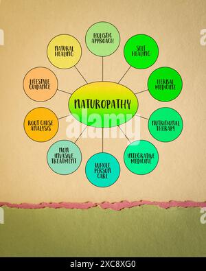 Naturheilkunde, Gesundheit, ganzheitliche Gesundheitsversorgung, Lebensstil und integrative Medizin Konzept, Vektor Mindmap Infografiken Stockfoto