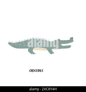 Kindertierkarte zur Erziehung. Kindergartengestaltung. Niedliche afrikanische Tier-Flash-Karte auf englischer Sprache. Lustiges Krokodil-Poster mit Zeichentrickfigur Stock Vektor