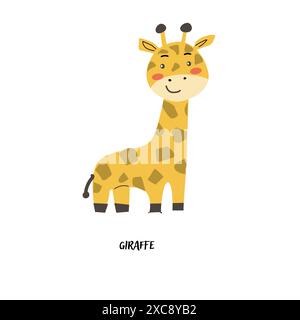 Kindertierkarte Giraffe zur Erziehung. Kindergartengestaltung. Niedliche afrikanische Tier-Flash-Karte auf englischer Sprache. Poster für lustige Zeichentrickfigur f Stock Vektor