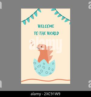 Kinderkarten mit niedlichen Tieren, Plakate für Geburtstagsfeiern. Dinosaurier-Grußkarten, handgezeichnete Babytiere. Geburtstagsfeier Kinderani Stock Vektor