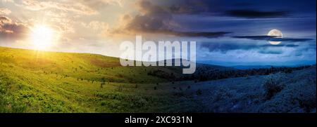 Panorama-Berglandschaft zur Sommersonnenwende. Weite Almwiesen und grasbewachsene Hügel unter einem Himmel mit Sonne und Mond in der Dämmerung. Tag und Nacht Stockfoto