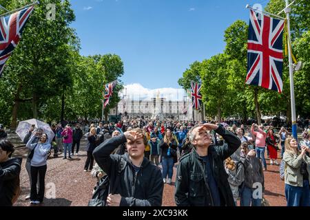 London, Großbritannien. 15. Juni 2024. Nach einem starken Regenschauer blickt die Öffentlichkeit in den Himmel, um den zeremonielle Flug hinter Trooping the Colour zu sehen. Mehr als 1.400 Paradesoldaten, 200 Pferde und 400 Musiker nehmen an der Zeremonie von Trooping the Colour (King's Birthday Parade) zum offiziellen Geburtstag des Souveräns Teil. Quelle: Stephen Chung / Alamy Live News Stockfoto