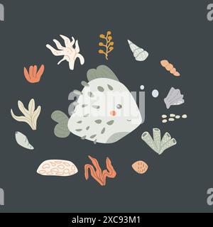 Kinder Meerestier Hintergrund mit Muschel. Karte für nautische Elemente. Niedliche Fische oder Meeresbewohner mit Algen. Meerestiere, Meerestiere mit Pflanzen für die Abdeckung, Tuch Stock Vektor