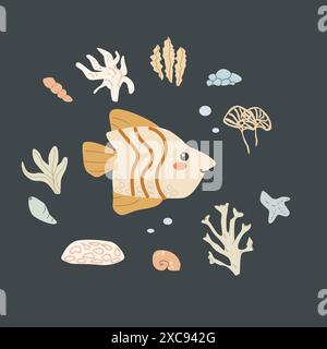 Kinder Meerestier Hintergrund mit Muschel. Karte für nautische Elemente. Niedliche Fische oder Meeresbewohner mit Algen. Meerestiere, Meerestiere mit Pflanzen für die Abdeckung, Tuch Stock Vektor