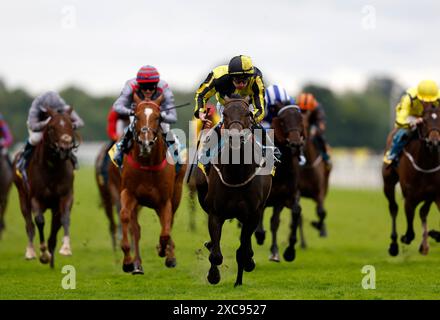 Jamess Delight (Mitte) wurde von Jockey Ryan Moore während der Churchill Tyres als Unterstützung für Macmillan Sprint Handicap auf der York Racecourse gefahren. Bilddatum: Samstag, 15. Juni 2024. Stockfoto