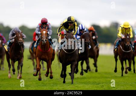 Jamess Delight (Mitte) wurde von Jockey Ryan Moore während der Churchill Tyres als Unterstützung für Macmillan Sprint Handicap auf der York Racecourse gefahren. Bilddatum: Samstag, 15. Juni 2024. Stockfoto