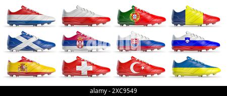 Set Fußballschuhe mit europäischen Fahnen darauf. Symbole für ein europäisches Fußballspiel oder eine Country-Meisterschaft. 3D-Abbildung Stockfoto