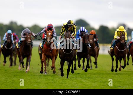 Jamess Delight (Mitte) wurde von Jockey Ryan Moore während der Churchill Tyres als Unterstützung für Macmillan Sprint Handicap auf der York Racecourse gefahren. Bilddatum: Samstag, 15. Juni 2024. Stockfoto