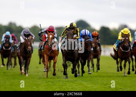 Jamess Delight (Mitte) wurde von Jockey Ryan Moore während der Churchill Tyres als Unterstützung für Macmillan Sprint Handicap auf der York Racecourse gefahren. Bilddatum: Samstag, 15. Juni 2024. Stockfoto