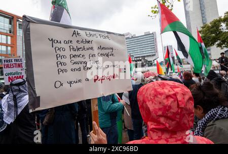 Manchester, Großbritannien. Juni 2024. Palästina Gaza-Krieg Proteste in Manchester Großbritannien bei starkem Regen. Demonstranten marschierten vom Petersplatz durch das Stadtzentrum. Auf Transparenten wurden Nachrichten geschrieben, in denen Israel aufgefordert wurde, politische Gefangene aus Palästina zu befreien und die Barclays Bank zu kritisieren. Quelle: GaryRobertsphotography/Alamy Live News Stockfoto