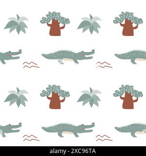 Kindertiermuster mit tropischen Pflanzen. Kindliches, niedliches Muster mit afrikanischen Tieren und handgezeichneten Elementen. Kinderkrippe scandin Stock Vektor