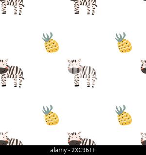 Kindertiermuster mit tropischen Pflanzen. Kindliches, niedliches Muster mit afrikanischen Tieren und handgezeichneten Elementen. Kinderkrippe scandin Stock Vektor