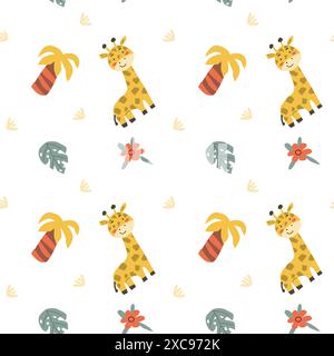 Kindertiermuster mit tropischen Pflanzen. Kindliches, niedliches Muster mit afrikanischen Tieren und handgezeichneten Elementen. Kinderkrippe scandin Stock Vektor