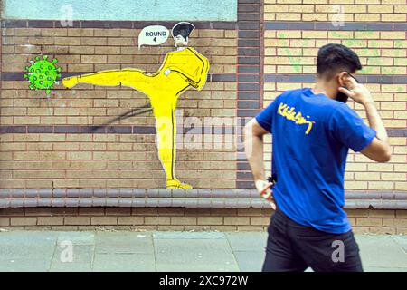 Glasgow, Schottland, Großbritannien. 15. Juni 2024: Vogelgrippe und Coronavirus Kunstgemälde vor der neuen Pandemie mit einer Kick IT Out-Botschaft. Credit Gerard Ferry /Alamy Live News Stockfoto