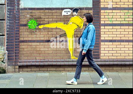 Glasgow, Schottland, Großbritannien. 15. Juni 2024: Vogelgrippe und Coronavirus Kunstgemälde vor der neuen Pandemie mit einer Kick IT Out-Botschaft. Credit Gerard Ferry /Alamy Live News Stockfoto