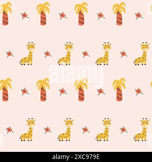 Kindertiermuster mit tropischen Pflanzen. Kindliches, niedliches Muster mit afrikanischen Tieren und handgezeichneten Elementen. Kinderkrippe scandin Stock Vektor