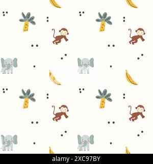 Kindertiermuster mit tropischen Pflanzen. Kindliches, niedliches Muster mit afrikanischen Tieren und handgezeichneten Elementen. Kinderkrippe scandin Stock Vektor