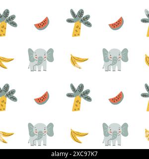 Kindertiermuster mit tropischen Pflanzen. Kindliches, niedliches Muster mit afrikanischen Tieren und handgezeichneten Elementen. Kinderkrippe scandin Stock Vektor