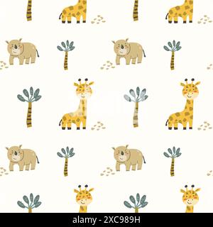 Kindertiermuster mit tropischen Pflanzen. Kindliches, niedliches Muster mit afrikanischen Tieren und handgezeichneten Elementen. Kinderkrippe scandin Stock Vektor